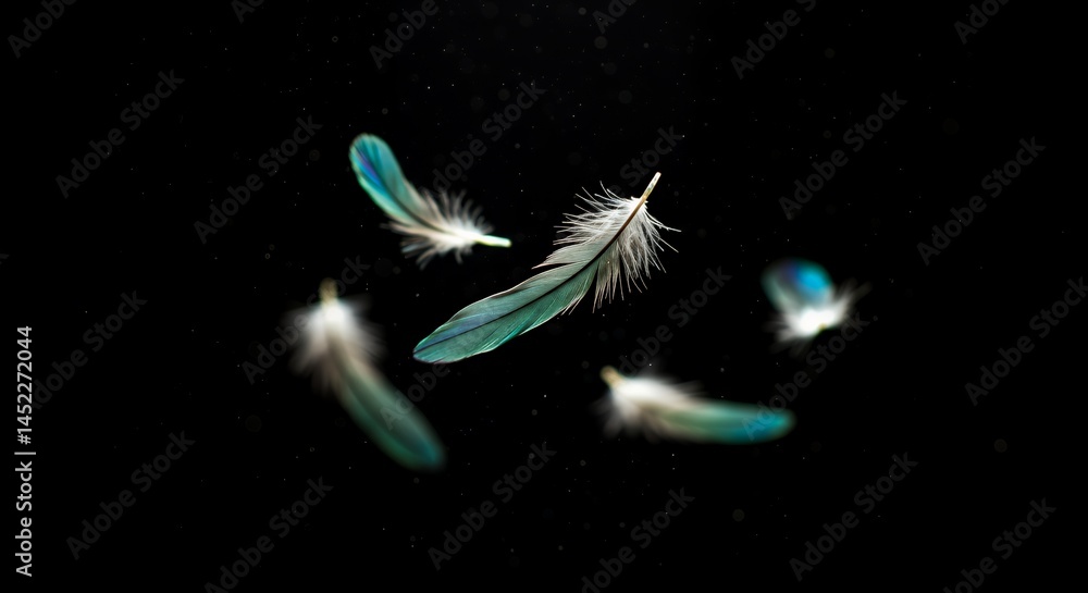 Poster ethereal ballet of iridescent hummingbird feathers floating gracefully in dark void shimmering with 