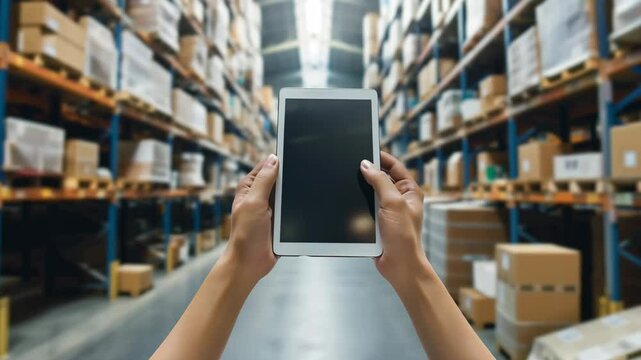 Hands holding tablet in warehouse inventory management, logistics concept with storage racks in background.