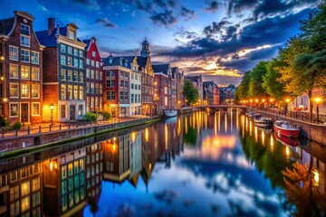 Fototapeta premium Colorful Buildings Reflecting in Serene Canal at Night - Stunning Cityscape Stock Photo