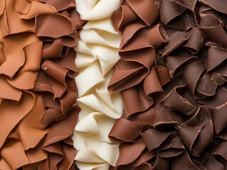 Assortment of white, milk, and dark chocolate curls on neutral background for texture close-up 