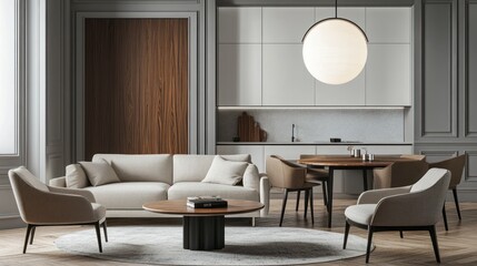 Modern apartment living room, dining area, kitchen