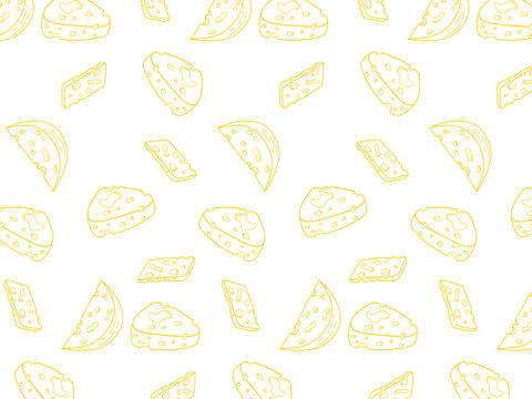 Cartoon Cheese doodle seamless pattern for background and packaging. Vector design. Various cheese design wallpaper. Variety of cheese icon. Cheese pattern background set. Collection icon cheese.