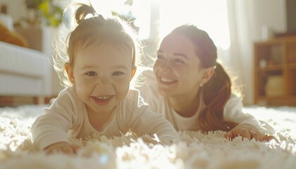 Mother and Daughter Laughter:  A heartwarming image captures a mother and her baby daughter, lying on a soft carpet and sharing a moment of pure joy, their laughter illuminating their faces.