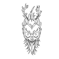Stylized Skull with Antlers and Fiery Hair, A Darkly Ornamental Graphic Design