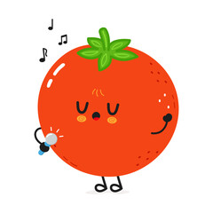 A cute, cartoon Tomato enthusiastically sings a song with a microphone, musical notes surrounding it.