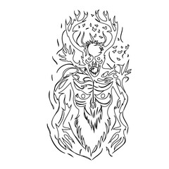 Ethereal antlered being outline illustration, evokes dark magic and folklore