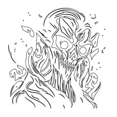 Abstract Line Art Illustration of a Monstrous Figure with Ethereal Flames