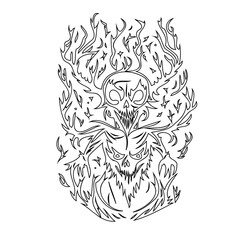 Abstract monochrome line drawing of surreal fantasy skulls and flames illustration