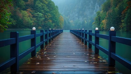 Fototapeta premium Rainy Pier with Autumn Lake, and Forest.