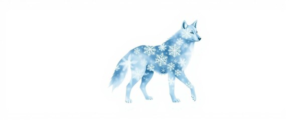 Magischer Schneewolf mit Schneeflocken im weichen Aquarellstil – verträumt, mystisch und elegant in sanftem Blau auf hellem Hintergrund.