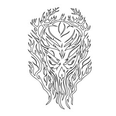 Abstract depiction of a nature spirit face interwoven with branches and foliage