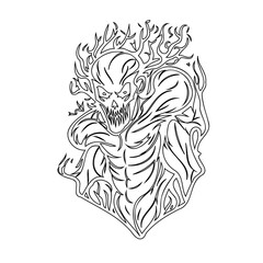 Stylized Inferno Creature: A Monochrome Illustration of Fiery Anatomy