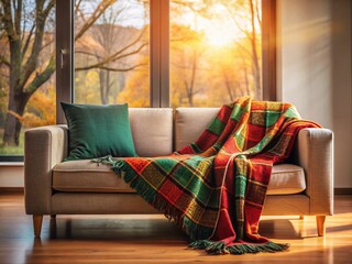 Cozy Autumn Living Room: Silhouette of Plaid Blanket on Modern Sofa