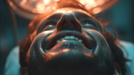 overhead shot of a man reclining with his mouth open, dental light haloing his face, hands gripping the chair, cinematic color grading, shallow depth of field, suspenseful mood