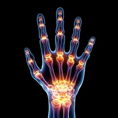 Naklejka premium Translucent hand skeleton illustration with glowing joints on a black background.