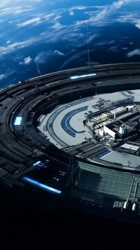 Futuristic space station orbiting above Earth's atmosphere. The view transitions from dark space to reveal blue planet surface and finally bright sunlight appearing at the station's edge.
