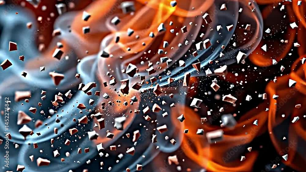 Poster dynamic visually striking scene where vibrant orange blue flames intertwine numerous small angular f