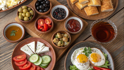 Traditional Turkish Breakfast  – Authentic Kahvaltı Spread with Cheese, Olives, Simit, Menemen, and Tea on White Background