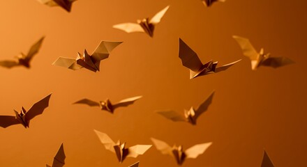 Group of Origami Bats Flying on Orange Gradient Background for a Halloween Theme Arts and Crafts Paper Decoration Graphic Elements and Festive Holiday Celebrations
