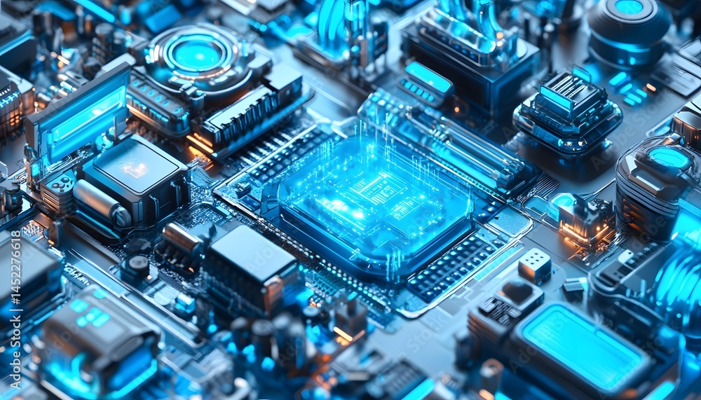 Poster intricate close-up view of a complex technological circuit board.