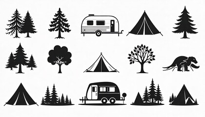Camping Silhouettes With Tents Trees Trailer And Animal Vector Graphics