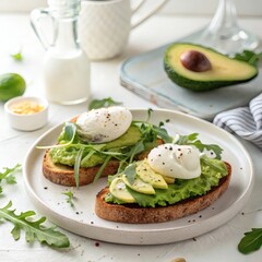Healthy avocado toast topped with a poached egg, fresh arugula, and a sprinkle of pepper. Perfect for a nutritious breakfast or brunch.