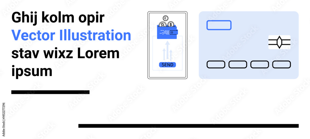 Poster mobile device with login confirmation, arrow indicator, and card layout. ideal for tech, banking, fi