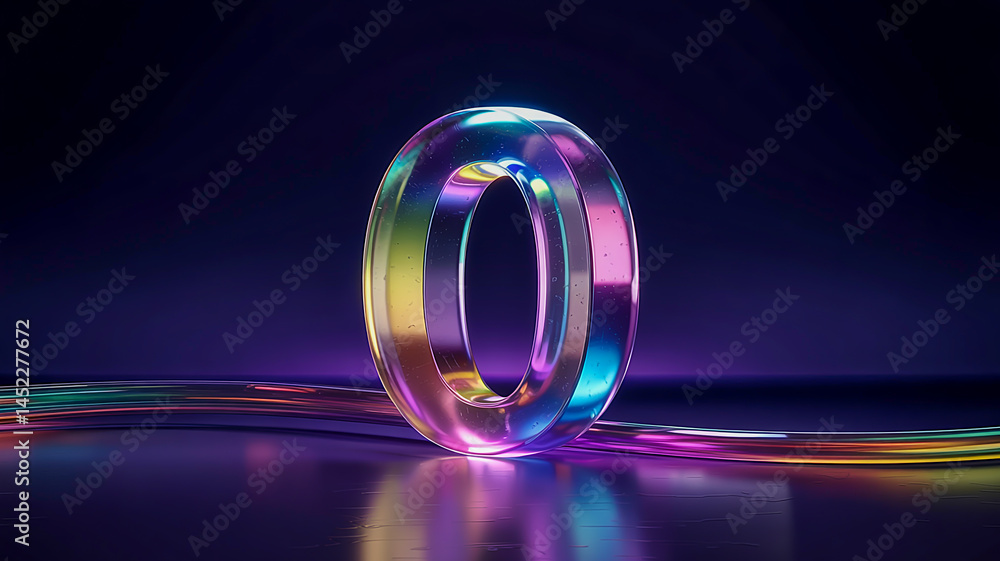 Poster rainbow glossy transparent three-dimensional number zero. dark black background
