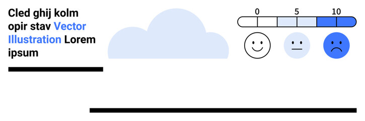 Cloud behind text, horizontal scale with faces showing happy to sad expressions. Ideal for mental health, emotions, feedback, mood, survey data, user experience, simple landing page