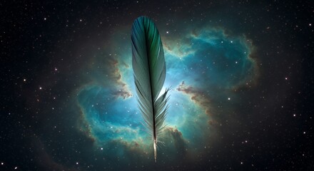 Iridescent Hummingbird Feather Drifting Against Swirling Nebula Dust with Emerald and Sapphire Shades Creating a Cosmic Symphony