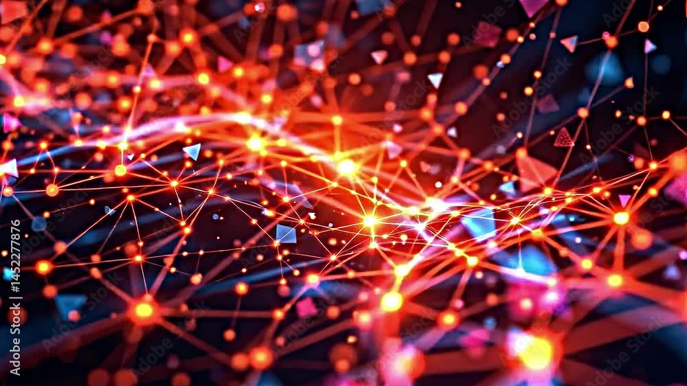 Poster vibrant abstract digital network interconnected nodes lines primarily shades red orange blue network