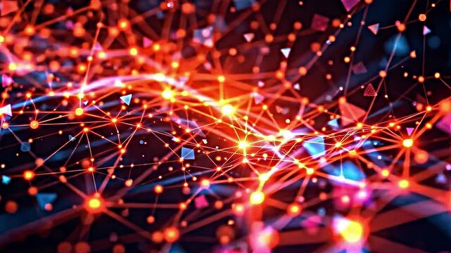 vibrant abstract digital network interconnected nodes lines primarily shades red orange blue network appears representation complex system possibly network dator digital architecture glowing.