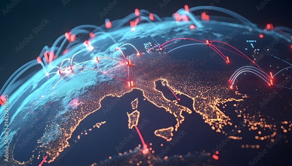 Poster global network connections over illuminated earth map.
