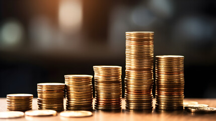 A stack of coins on a wooden table with a blurred background.