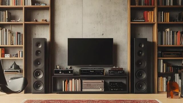 Modern home theater system in stylish library