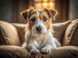 Cute Shaggy Jack Russell Terrier Relaxing on Sofa at Home