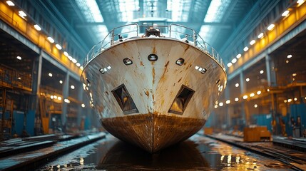 Rusty ship docked in a well-lit industrial warehouse, surrounded by tools and machinery