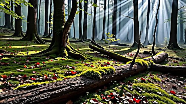serene forest scene bathed soft morning light Tall slender trees stretch upwards their trunks covered patches moss creating lush green canopy Sunbeams pierce through dense foliage casting.
