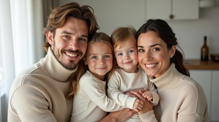 Happy Family Portrait Parents with Two Young Daughters Smiling at Home