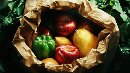Fresh assortment of colorful fruits and vegetables in a crumpled paper bag on a green backdrop