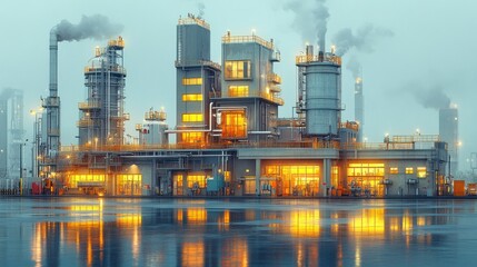 Industrial facility at dusk, illuminated by orange lights, with smoke rising in a misty urban landscape
