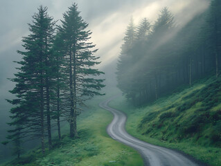 Misty Mountain Road Winding Through Trees