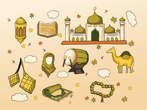 Islamic 2d drawing colorful ramadhan set moeslem