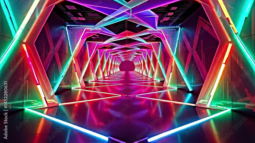 Aufkleber futuristic neon-lit corridor vibrant multicolored lights creating visual effect walls floor adorned 