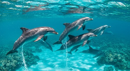 Obraz premium Pod Of Dolphins Gracefully Swim In Turquoise Ocean Waters Above Vibrant Coral Reefs Aquatic Beauty In Natural Habitat
