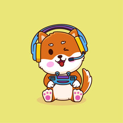 Vector illustration of cute cartoon shiba inu holding joystick and wearing headphone. Animal and technology icon concept Isolated. Baby shiba inu in flat cartoon style.