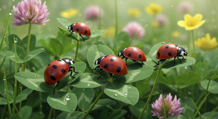 Obraz premium Six Ladybugs Diagonally on Dewy Clover Patch with Sunlight and Glossy Shells Symbolizing Luck and Earth Day