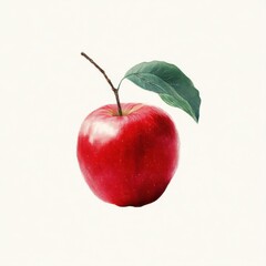 Vintage Red Apple Illustration with Leaf and Stem on White Background - Botanical Art Print Style, Fruit Still Life, Retro Food Image