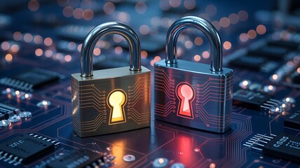 Cybersecurity concept with two padlocks on a circuit board