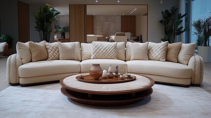 Modern living room featuring a stylish cream sofa and wooden coffee table in a bright, elegant space